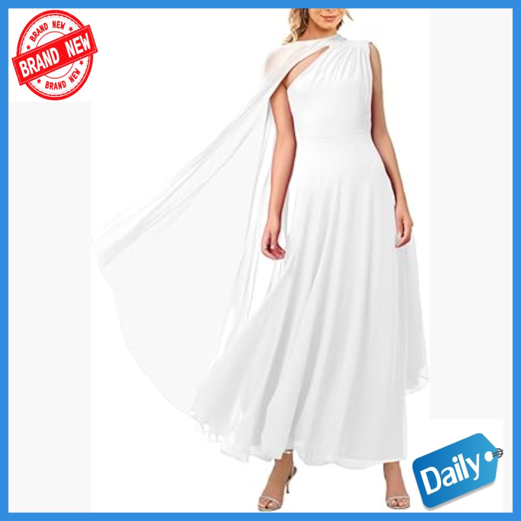 One Shoulder Cape Sleeve Maxi Formal Dress, Polyester A-Line Wedding Guest Gown